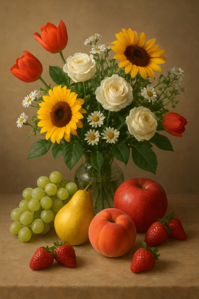 vivid flowers in a vase and colorful fruits around it